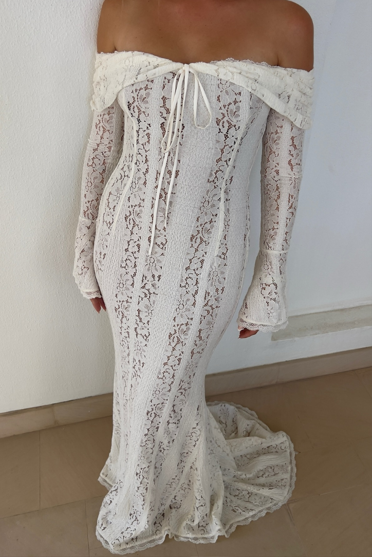 Georgette | Sukienka Maxi z Koronki w Kolorze Ecru