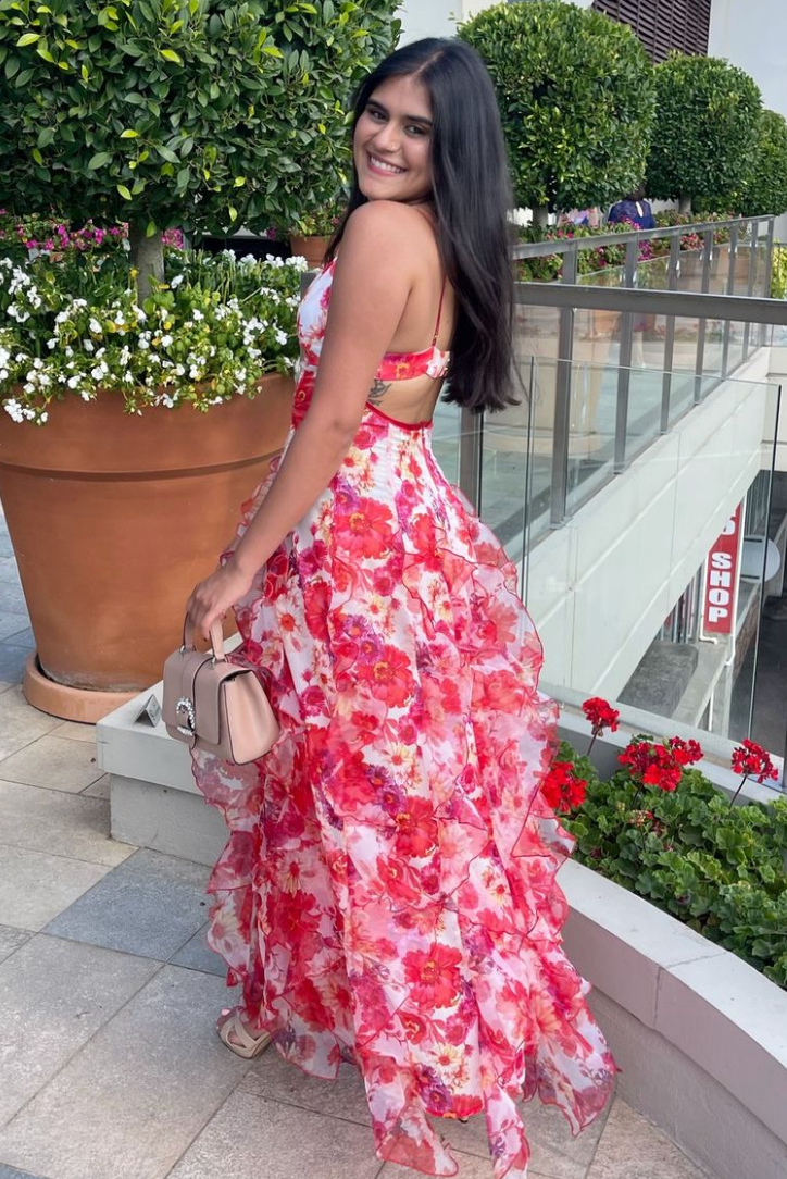 Cyranne | Sukienka Maxi w Kwiaty z Falbankami