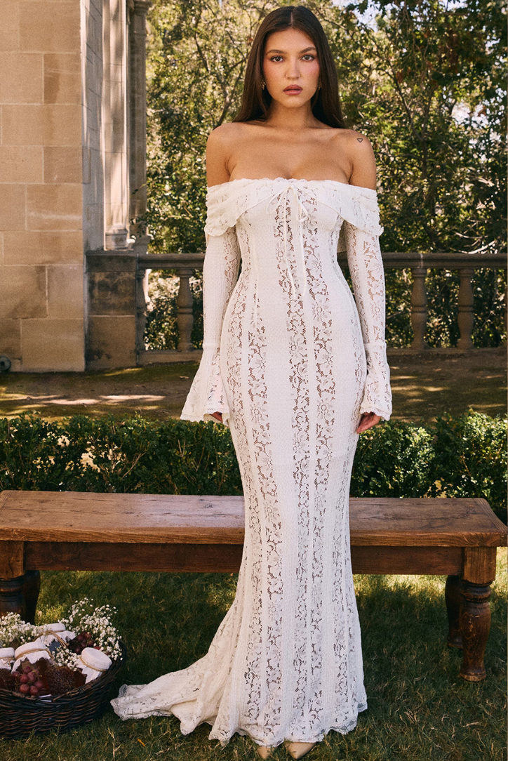 Georgette | Sukienka Maxi z Koronki w Kolorze Ecru
